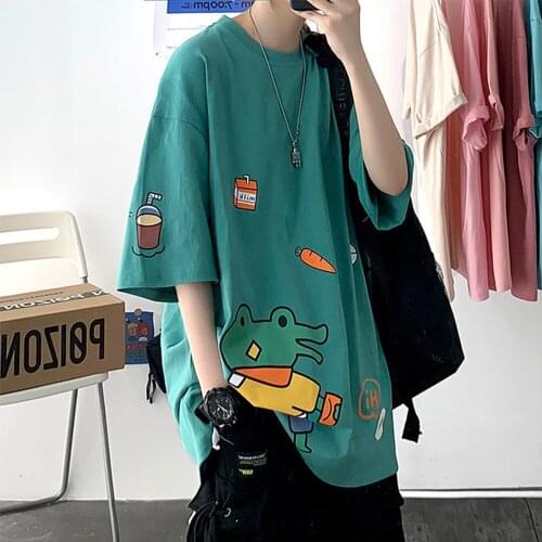 Oversized T-shirt mens frog drink pattern refreshing casual round neck Japanese loose fashion mens short-sleeved shirt