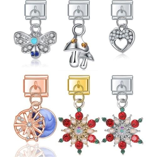 Hapiship 2021 Fashion Flower mushroom butterfly Italian Links Charm Fit 9mm Bracelet Stainless Steel Jewelry DIY Making DJ369