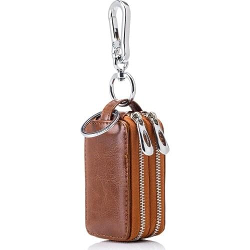 Genuine Cow Leather Home Car Keys' Bag Double Pocket Zipper Mini Wallet Earth Yellow Men Womens Key Holder Transparent Pocket