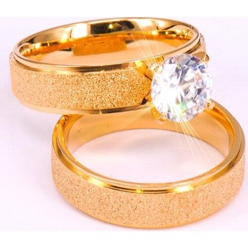 Romantic Gold Titanium Steel Couple Ring Simple Crystal Polished 8MM Scrub Engagement Wedding Finger Ring For Lovers