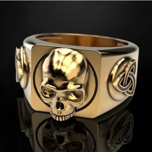 Vintage Gold Stainless Steel Skull Mens Ring Punk Rock Viking Rune Skeleton Biker Rings for Women Men Party Gift Unique Jewelry