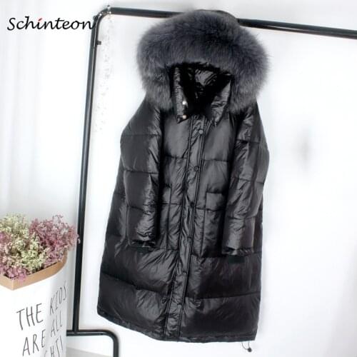 Schinteon New A-lined Down Jacket Real Fur with Hood Loose Winter Warm Long Outwear Over Size Coat Korean Style