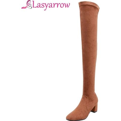 Lasyarrow Fashion Over the Knee Boots Block High Heels Stretch Boots Women Thigh High Long Boots Sexy Slim Botas Mujer Sapatos
