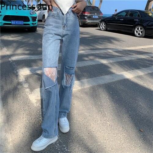 Summer Fashion Lace Ripped Women Jeans Bottoms High Waist Straight Hole Blue Denim Pants Casual Loose Trousers Wide Leg Jeans