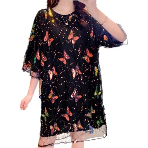 Summer Fake 2 Pieces Tshirt Cover Perspective Mesh Shiny Sequins Butterfly Long T-shirt Women Half Sleeves Fashion Streetwear