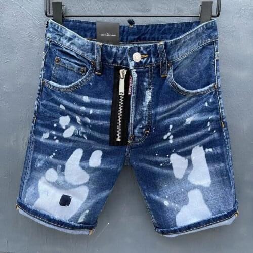 Summer New Style Dsquared2 Mens Denim Shorts Fashion Self-Cultivation Micro-Elastic Spots Zipper Decoration Five-Point Pants