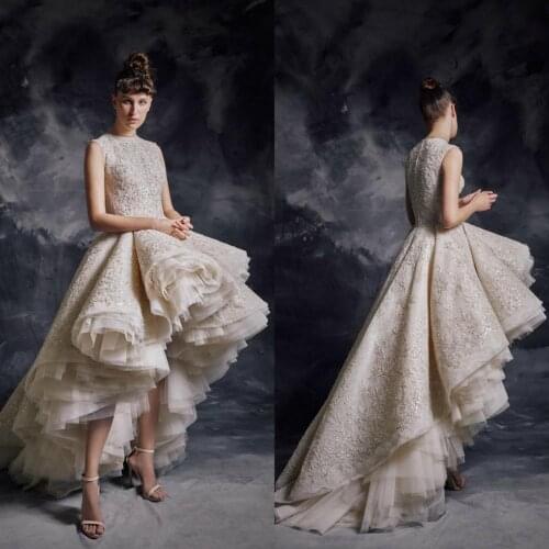 High Low Prom Dresses Tulle Appliqued Beads Jewel Neck Tiered Skirts Vestido De Festa Sweep Train Evening Dress Party Wear