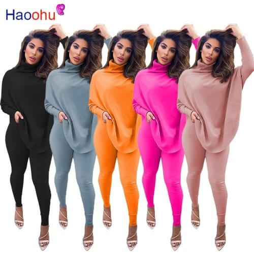 HAOOHU Casual Fall Winter Two Piece Set Turtleneck Batwing Sleeve Long Top+Fitness Pants Women Fashion Clothing Matching Sets