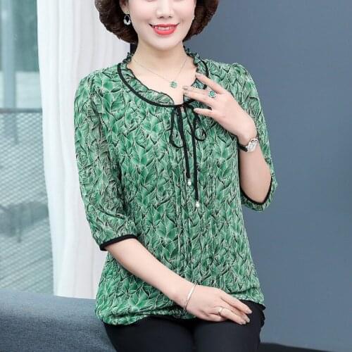 Chiffon Tee Tops Black Bow O-Neck 3/4 Sleeves Mother Summer Clothes L-4XL Plus Size Floral Print Women T-shirt