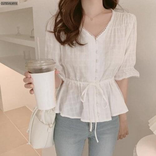 Chic Embroidery Shirt Summer White Blouses Women Tops femme Casual Women half sleeve Girls Blouse Linen Cotton Lace up Shirts