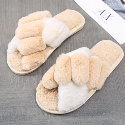 Women Warm Fluffy Slippers Cozy Faux Fur Cross Indoor Floor Slides Flat Soft Shoes Lady Female Comfortable Flip Flop