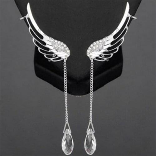 Fashion Ear Clips Angel Wings Shiny Rhinestone Ear Bone Clips Crystal Chain Tassel Earrings Womens Party Birthday Gift
