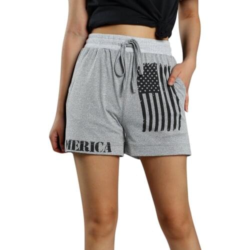 Women Independence Day Short Pants Letter Flag Print Drawstring Waist Yoga Sport Shorts with Pockets