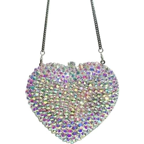Bee In Fly Silver AB Women Heart Crystal Evening Clutch Bags with Spikes Bridal Handbag Wedding Party Womens Evening Purse