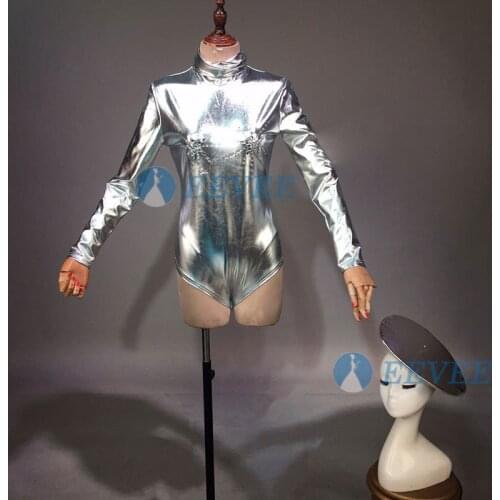 Women gogo dancer costume Ds Bar Nightclub drag queen Bodysuit for DJ costume Headwear Silver Bodysuit sets jazz dance costumes