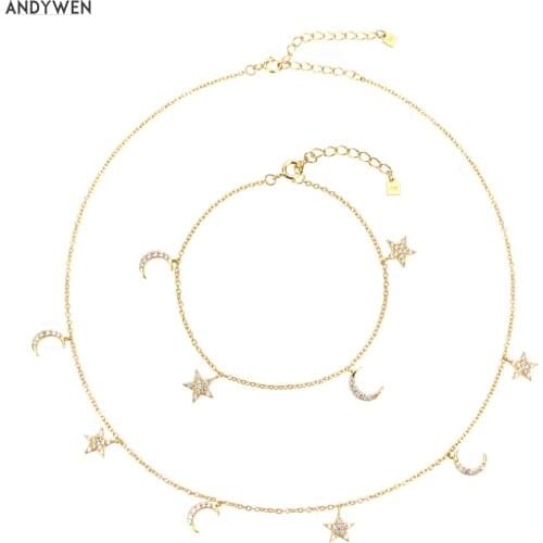 ANDYWEN 925 Sterling Silver Star Moon Pendant Zircon Crystal CZ Choker Bracelet Chain Necklace Jewelry Set Women Fashion Jewels