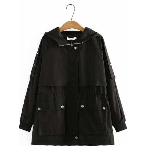 Plus zise hooded zipper Women coat autumn new 2021 fashion slim waist pocket womens trench coat solid black Overcoat female