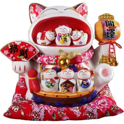 14Inch Ceramic Large Lucky Cat Japanese Maneki Neko Home Ornament Fortune Cat Money Box Piggy Bank Figurine Feng Shui Decoration