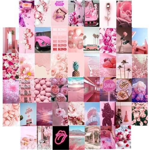 50Pcs Pink Rose Flower Aesthetic Pineapple Picture Wall Collage Kits Warm Girls Rooms Decor for Wall Art Posters Wall Stickers