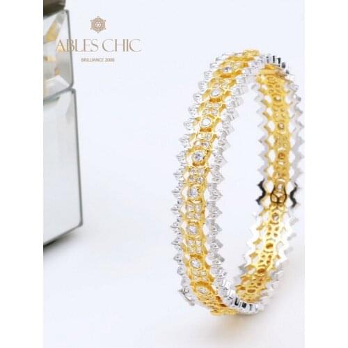 925 Silver Floral Rims Bezel CZ Inlay Bridal Bangles 18K Gold Tone Wedding Filigree Airy Light Bracelet Renaissance Fine Jewelry