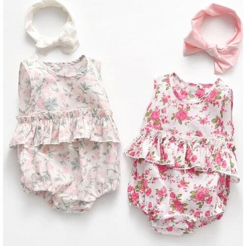 Baby Girls Bodysuit Sleeveless 3-24M Summer Rompers 2PCS Headband Clothes Suit Flower Print Twin Clothes Pink Infant Girl Romper