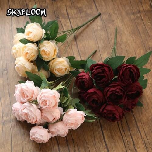 Elegant 10 Heads Artificial Peony Flower with Leaves Home Decorating Flowers Fake Rose Flower for Wedding Party Decoration KB13