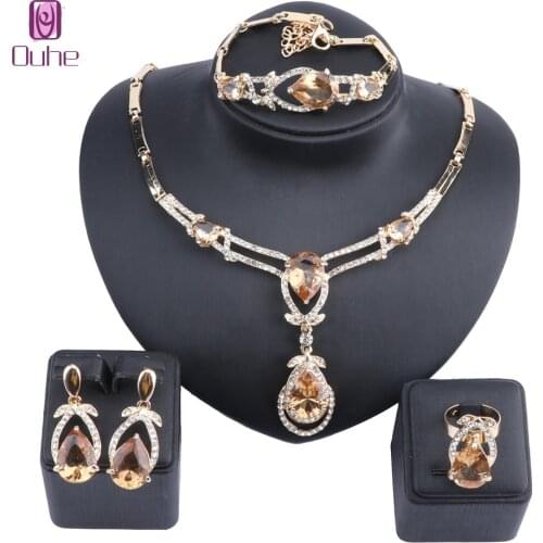 Exquisite Champagne Zircon Crystal Necklace Earring Bracelet Ring Bridal Jewelry Sets For Women Gift Party Wedding Prom 2 COLORS