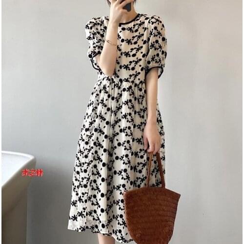 Floral Summer Dress Women Look Thin Waist Puff Sleeve French Long DressTemperament A-line Puffy Princess Chiffon Dress Vestido