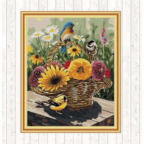 Bird and Flower Basket Pattern Embroidery Kit Cross Stitch Fabric DMC 14CT Counted Printed Canvas 11CT DIY Handmade Needlework