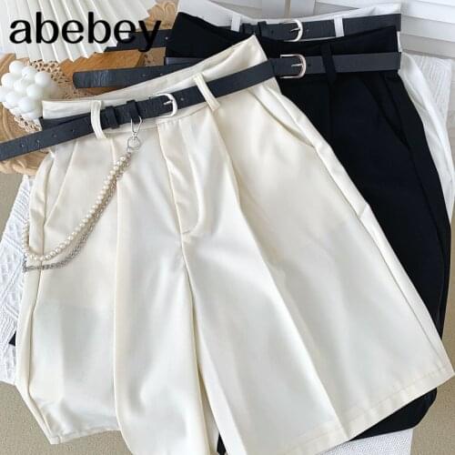 2021 New Summer Fashion All-match Pearl chain design Shorts ruched high waist slim casual suit Shorts wide leg Shorts