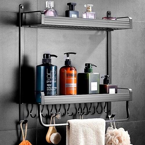 Punch-free Bathroom Shelves Modern Simple Double-layer Sliver Black Tray Space Aluminum Bathroom Shower Hardware Rack Dual Tier