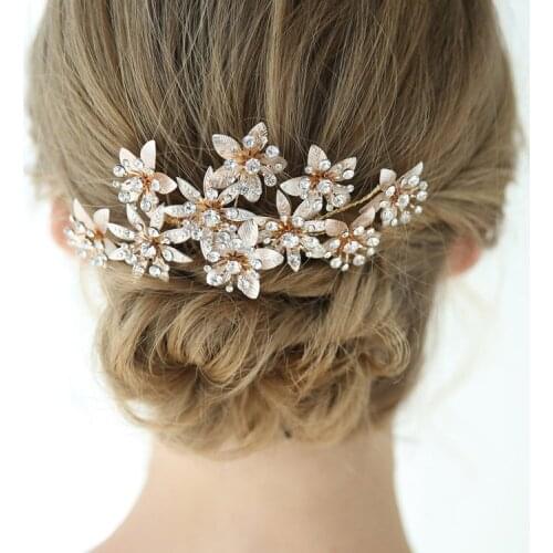 Handmade Bridal Hair Comb Jewelry Gold Color Floral Women Headpiece Rhinestone Wedding Hair Accessories