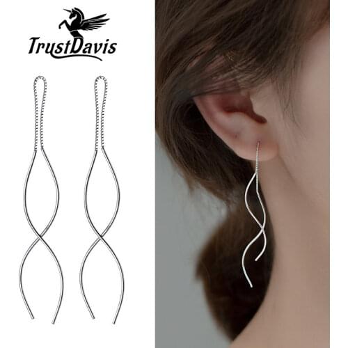 TrustDavis Real 925 Sterling Silver Dangle Earrings 12cm Chain Linked Double Stick For Women Girls Fine Jewelry Wholesale DB1151