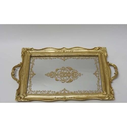 Vintage classical large rectangular carved mirror tray light gold tea fruit dessert decoration