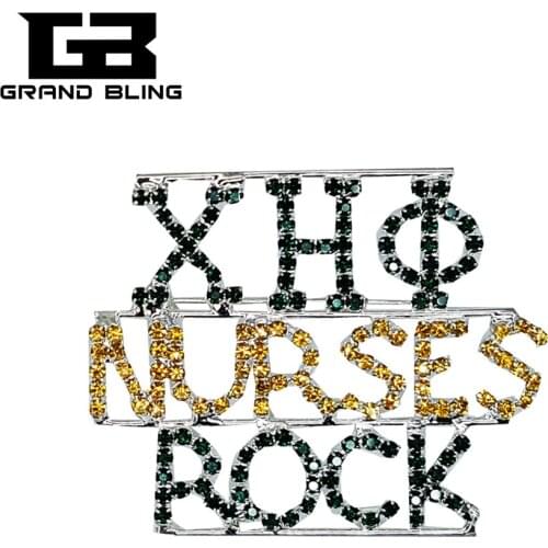 Green&Gold Stones Greek Letters Pin ""CHI ETA PHI/NURSES/ROCK" Brooch Jewelry