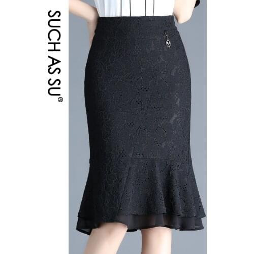 New 2021 Spring Summer Womens Black Lace High Waist A-Line Ruffle Skirt S-3XL Plus Size Sexy Mermaid Mid-Calf Skirt Female Skirt