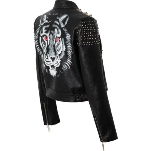 Spring Autumn Women 2021 Rivet beading Pu Leather Jacket Tiger Printing Women Coat Y648