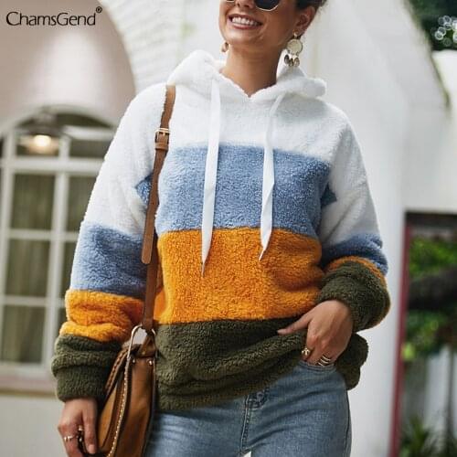 Sweatshirts Hoodies Women Autumn Winter Plush Warm Fluffy Patchwork Hoodies Pullover Loose Soft Thick Hoodie Tops For Teens 2021