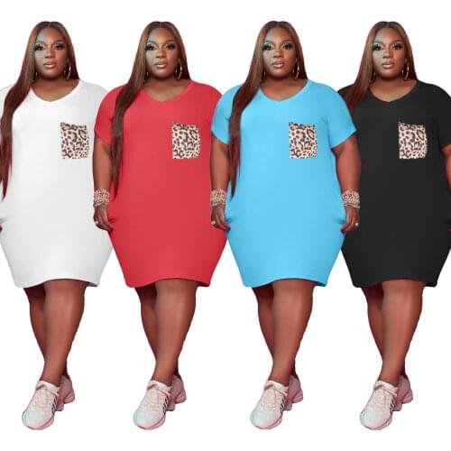 Echoine Womens Fashion Sexy T-shirt Dress V-neck Leopard Print Pocket Plus Size Dress Casual High Street Wear