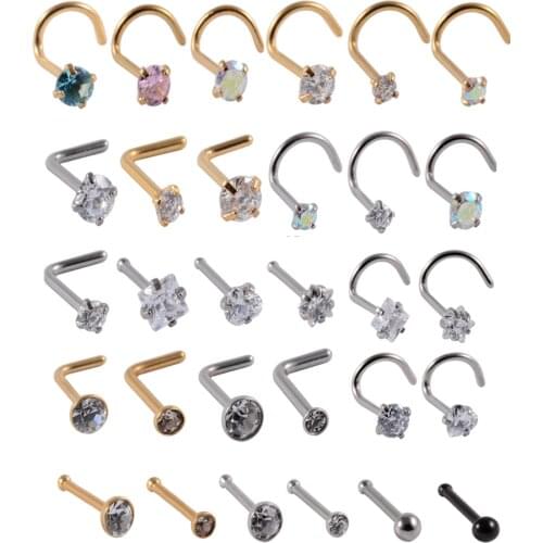 1Pc 20G Zircon Nose Stud Steptum Nose Studs Hooks Bar Pin Nose Rings Body Piercing Stainless Steel Nose Screw Bone Jewellery