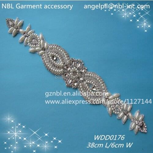 30PCS)Wholesale bridal sash iron on beaded sewing rhinestone pearl appliques for wedding dresses WDD0176