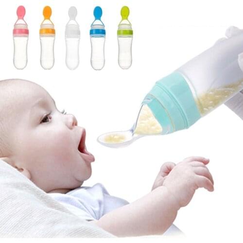 90ML Safe Newborn Baby Bottle Toddler Silicone Squeeze Feeding Spoon Milk with Spoon Food Supplement Rice Cereal Bottles