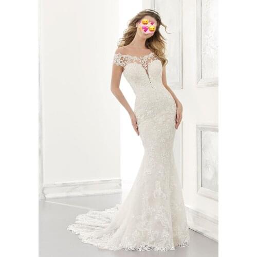 Shiny Mermaid Bridal Gown Lace Sheer Neck Wedding Dresses Cap Sleeve Ivory Tulle Amanda Novias