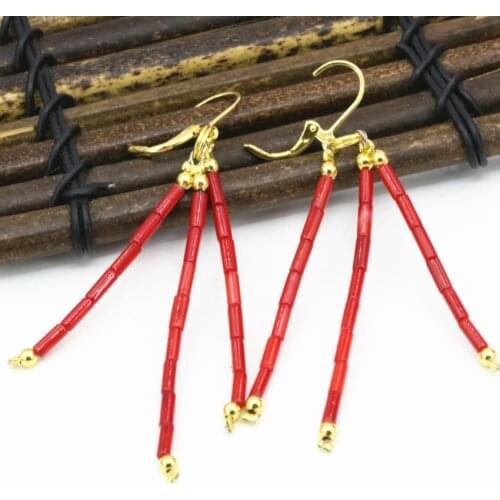 Exquisite party gift natural red coral tube beads 2*7mm dangle earrings women handmade high quality eardrop jewelry B3243