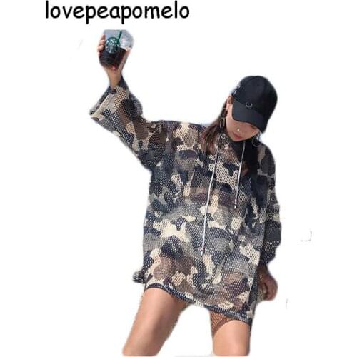 Harajuku camouflage mesh gown top summer long section of the sleeve t-shirt female Korean student hooded sunscreen tide D199