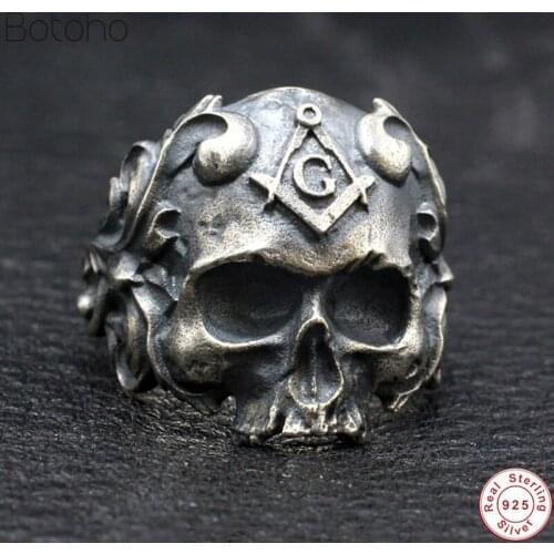 100% Real S925 Sterling Silver colour Masonic Skull Ring Mens women Biker Punk Ring High Quality Silver colour Ring Jewelry Ring