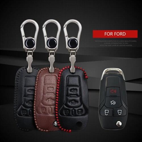 Leather Car Key Case Cover For Ford Focus Fusion Fiesta MK7 MK8 Kuga C Max Galaxy Explorer S Max Mondeo Ranger Mustang Keychain