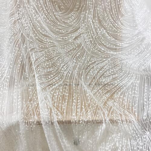1 Yard Geometric Embroidery Lace Fabric by Yard with TRANSLUCENT Sequins , Birdal Gown Couture Fabric in Off White