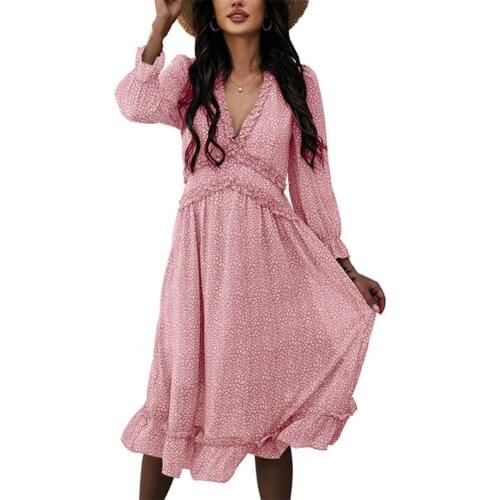 Summer Women Dress Stylish Printed V Neck High Waist Women Ruffles Large Hem Long Sleeve Dress платье летнее женское2021