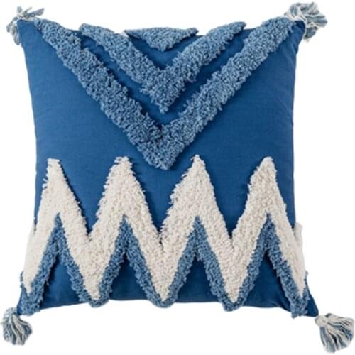 Throw Pillow Covers Boho Modern Tribal Decoration Blue Tufted Fringe Tassel Couch Cushion Case for Bedroom Living Room Sofa Car